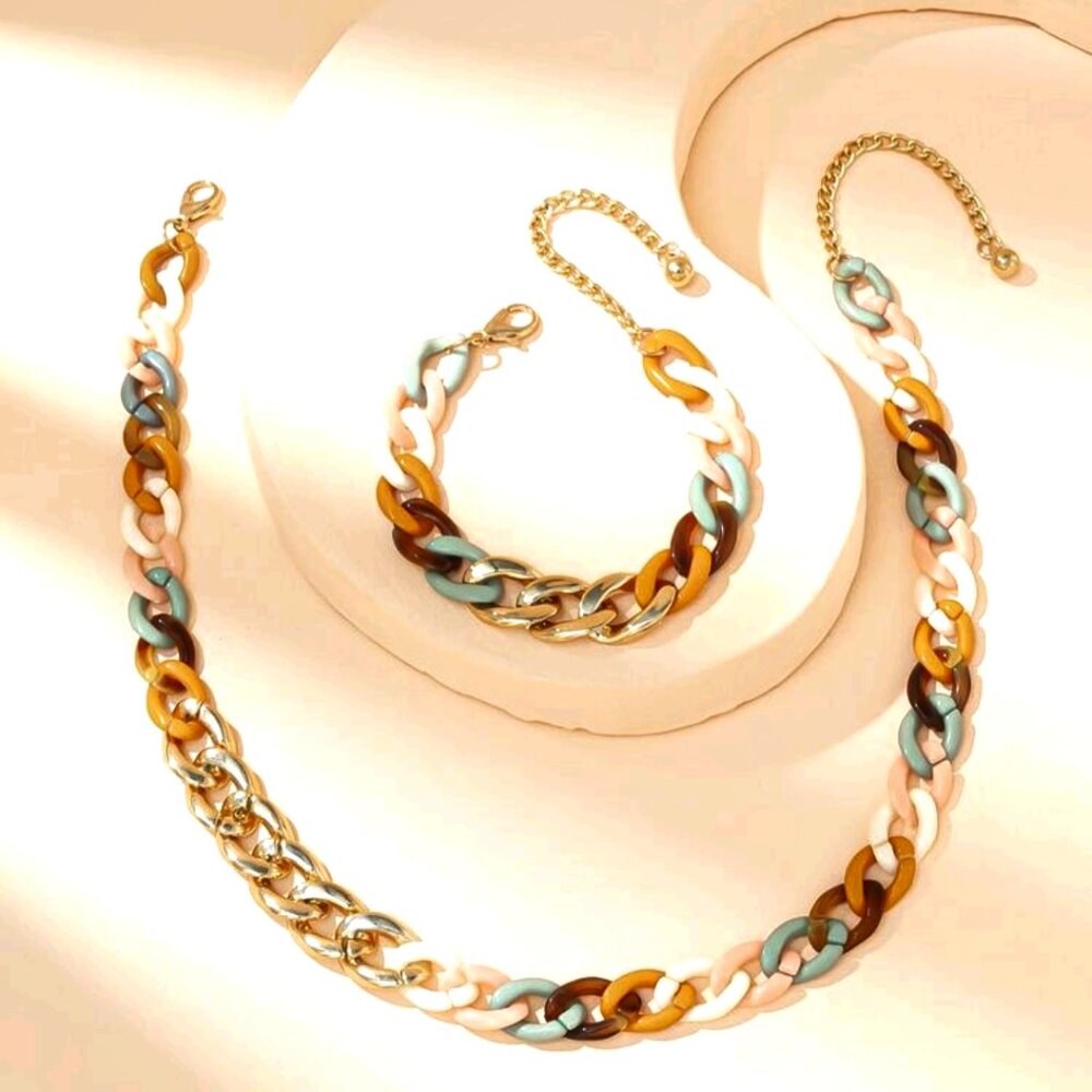 Fashion Multicolor Acrylic Necklace and Bracelet Women Jewelry Set